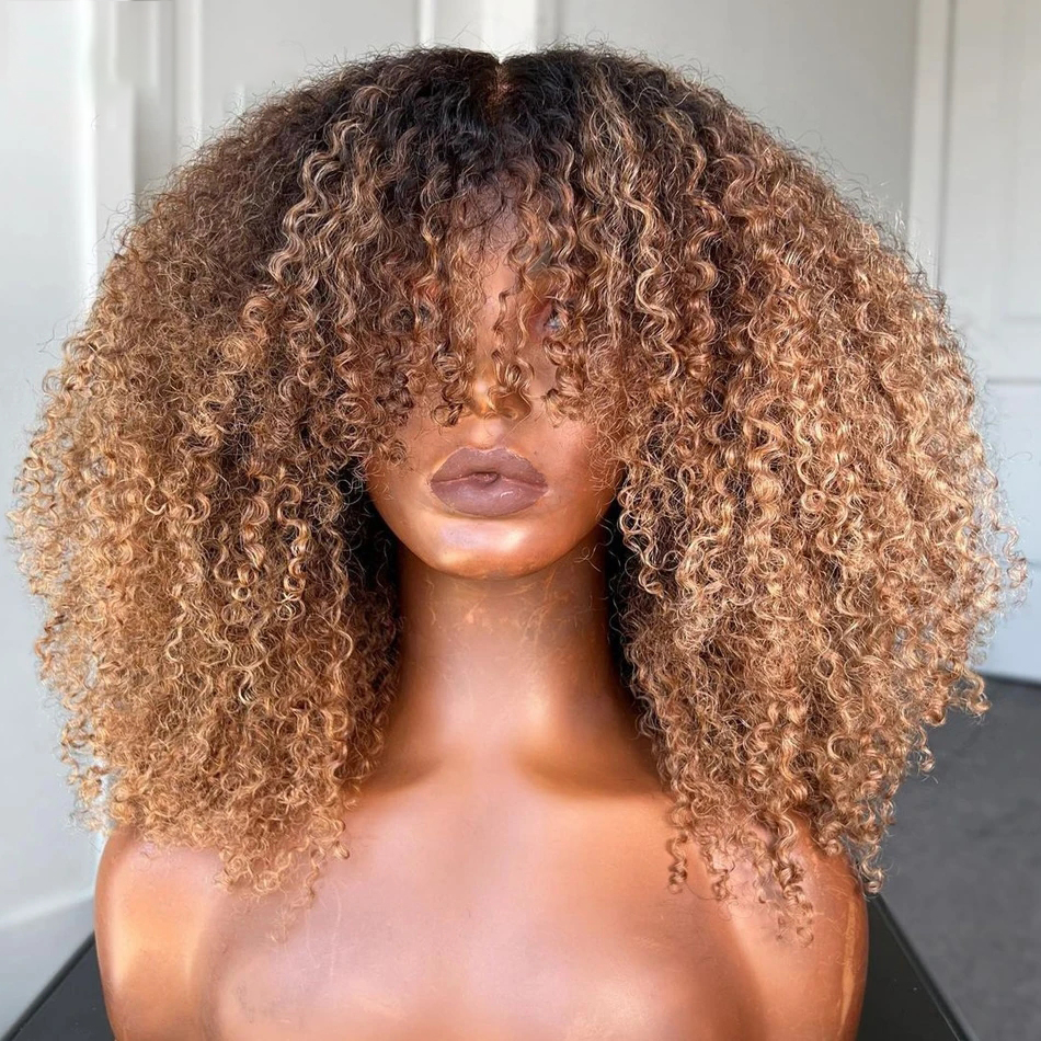 Perruque bouclée crépue blonde avec frange, entièrement fabriquée à la machine, en cheveux humains brésiliens Remy, couleur ombrée marron, pour femmes noires