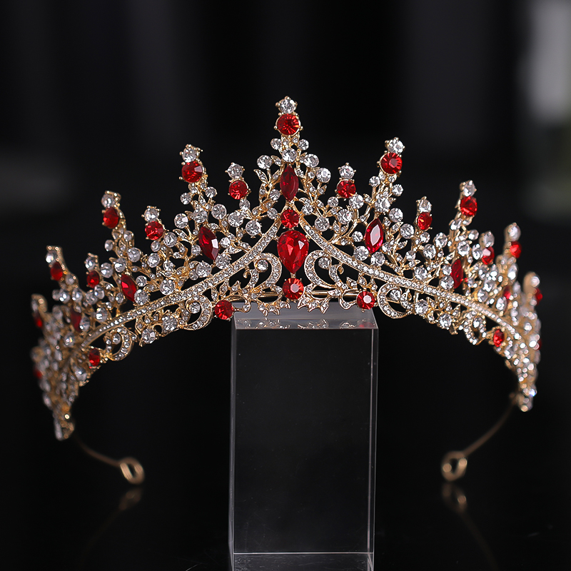 New Golden Bride Crown Princess Headwear Birthday Red Rhinestone Headband Wedding Hair Jewelry Bridal Tiaras Vintage Headpiece