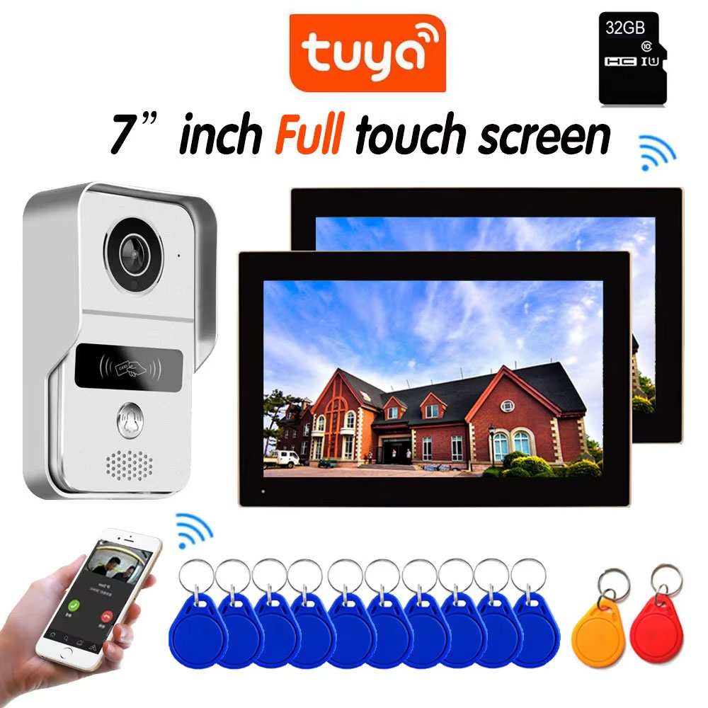 Nuevo TUYA 7 pulgadas 2 Monitor WiFi Video intercomunicador TUYA Smart Home APP inalámbrico Video puerta teléfono RFID HD cámara sistema de Control de acceso