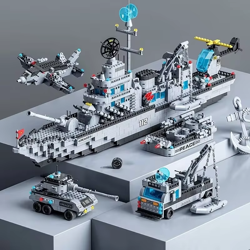 65,5 cm 6-in-1 Militär-Marine-Schiffssets Bausteine Kriegsarmee-Boot-Flugzeug-Modellspielzeug für Bausteine Weihnachtsgeschenke