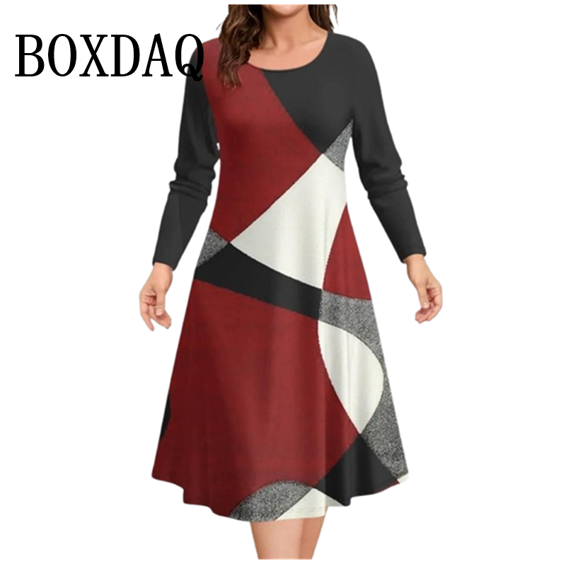 Otoño Invierno nuevas señoras Pus tamaño vestido Casual 9XL moda cuello redondo estampado geométrico suelto manga larga A-Line vestido Vestidos
