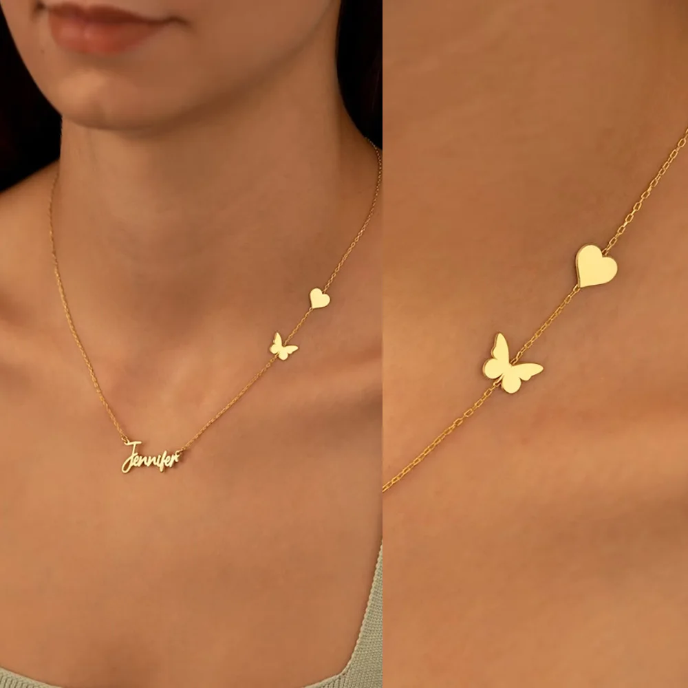 Collar con nombre personalizado para mujeres y hombres, colgante de mariposas y corazón de acero inoxidable dorado y plateado, regalo de joyería, venta directa al por mayor, nuevo