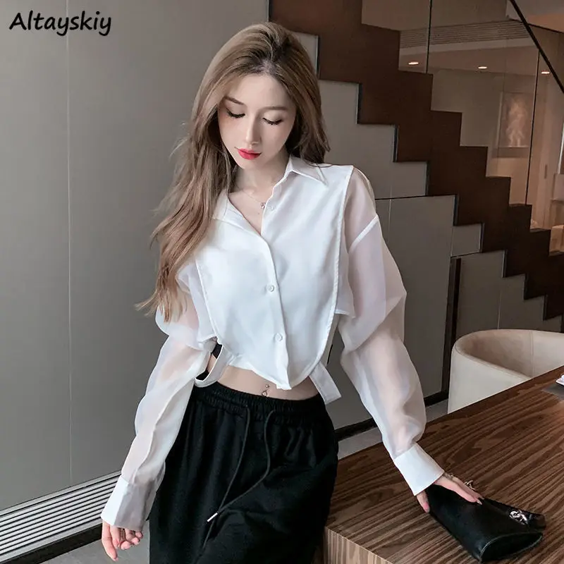 Koszule damskie szyk Retro patchworkowy projekt seksowne eleganckie damskie Crop w stylu europejskim z obrożą w stylu Streetwear na wiosnę