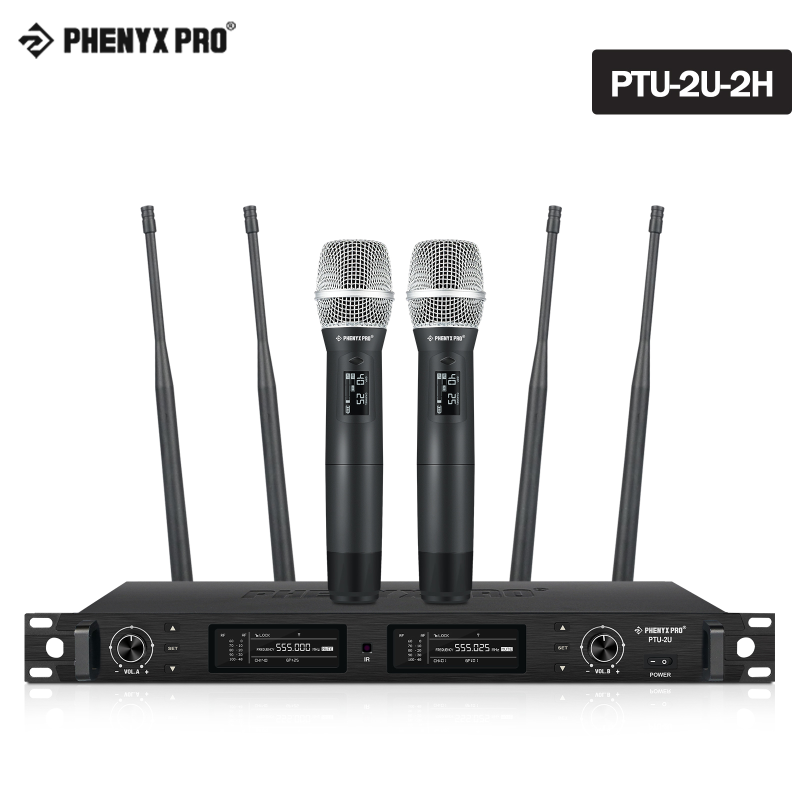 Système de microphone sans fil Phenyx Pro True Diversity Touristors Ensemble de microphones sans fil 2x1000 canaux, 328 pieds pour la scène (PTU-2U)