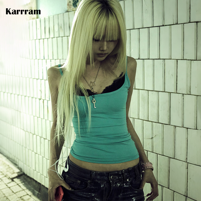 เสื้อกล้ามคาร์รามสไตล์ญี่ปุ่น Y2K แบบสองชิ้นปลอม ลายลูกไม้ปะติดปะต่อ สไตล์วินเทจ ฮาราจูกุ แขนกุด สไตล์อเมริกันยุค 90s