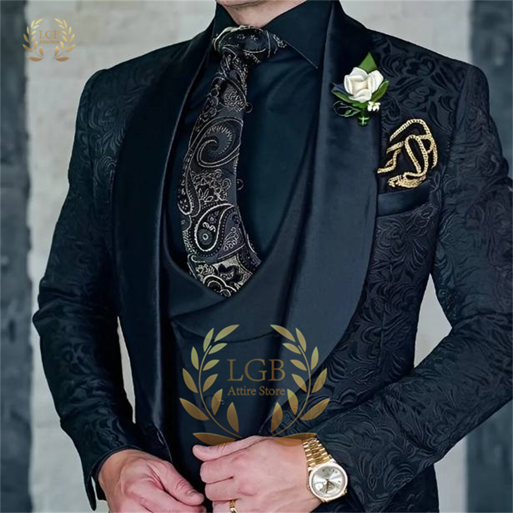 Marineblaue Anzugjacke für Herren, Weste, Hose, 3-teiliger Anzug, Hochzeit/Abendessenanzug, modische neue Blumenanzugjacke, Bräutigamkleidung