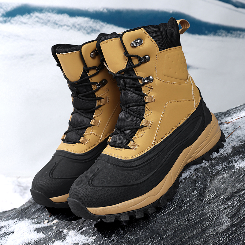 Botas de Neve Masculinas para Atividades ao Ar Livre, Impermeáveis, em Couro com Detalhes em Patchwork, Confortáveis e Quentes, com Cadarço, para Clima Frio