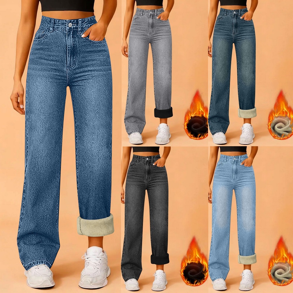 Женские зимние флисовые теплые джинсы Thciken, женские прямые брюки High Street