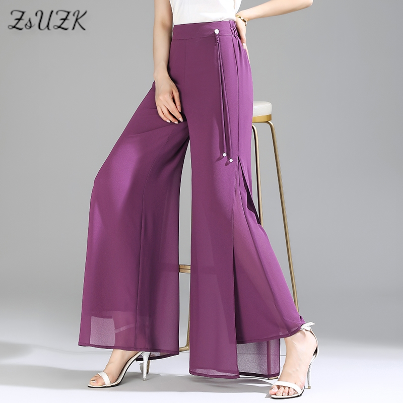 ZUZK dwuwarstwowe spodnie szyfonowe modne rozcięcie spodnie szyfonowe wiosna lato wygodne w pasie wąskie eleganckie spodnie typu opadające