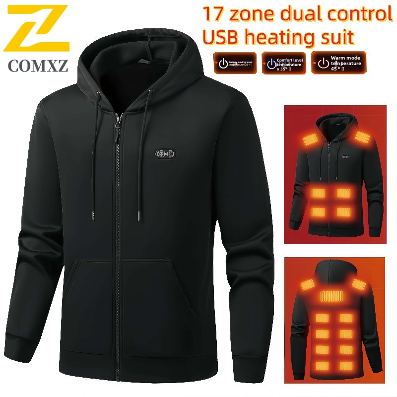 17 Zone Heating Hoodie 2025 New Men Hooded Hoodie Fleece Thick Anti Cold Warm USB Heating Hoodie Outdoor Sports Camping Jacket