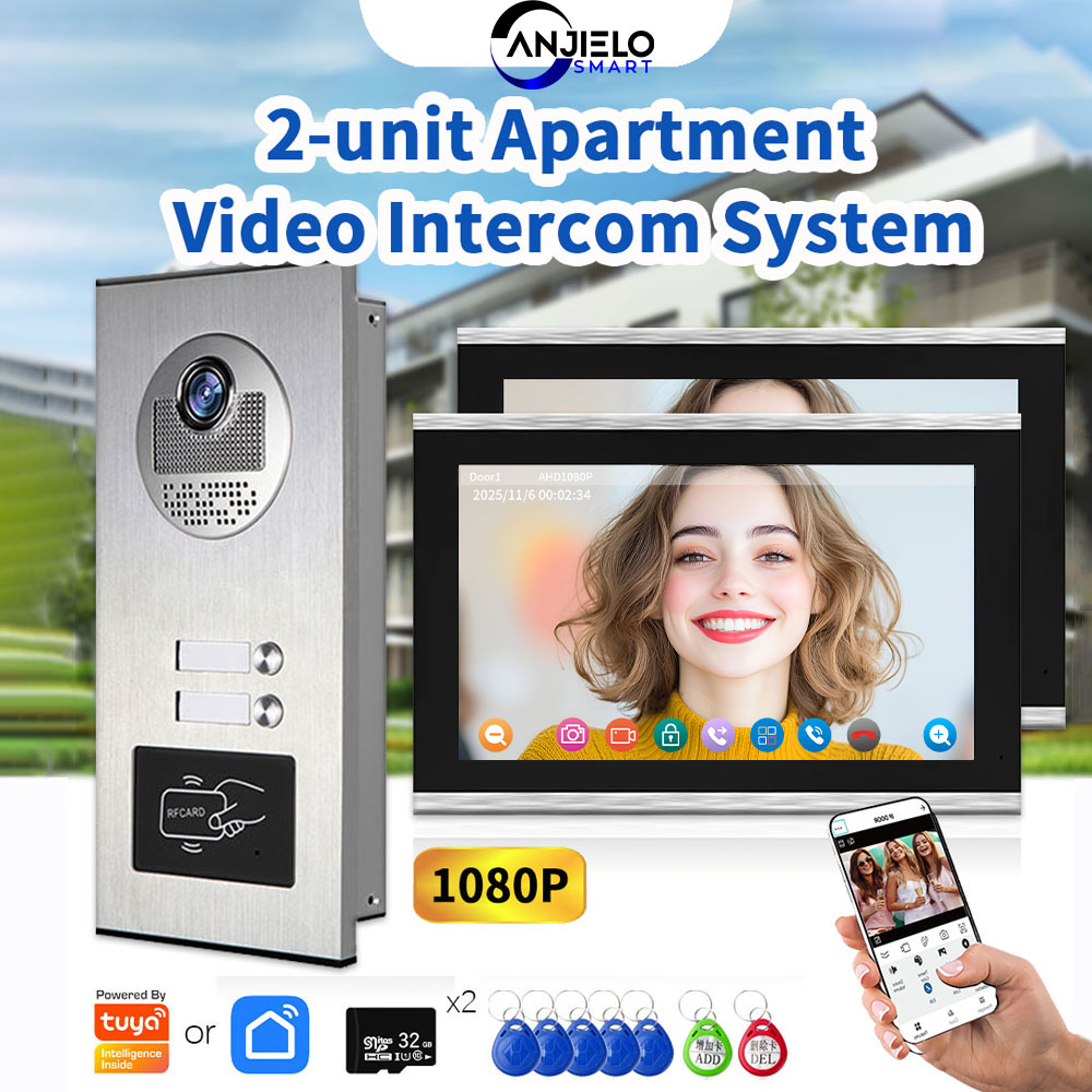 ANJIELO TUYA Smart 2-Unit квартирный домофон, видеодомофон с RFID-картой, разблокировка 4, проводная видеодомофонная система 1080P