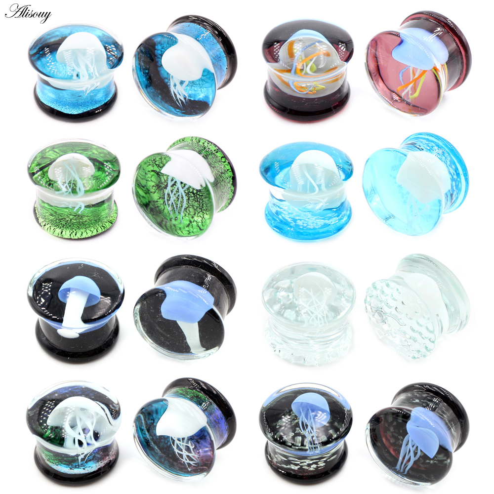 Alisouy 2 Stück transparente runde Glas leuchtende Quallen Ohrmessgeräte Tunnel Plugs Flesh Stretcher Expander Piercing Körperschmuck
