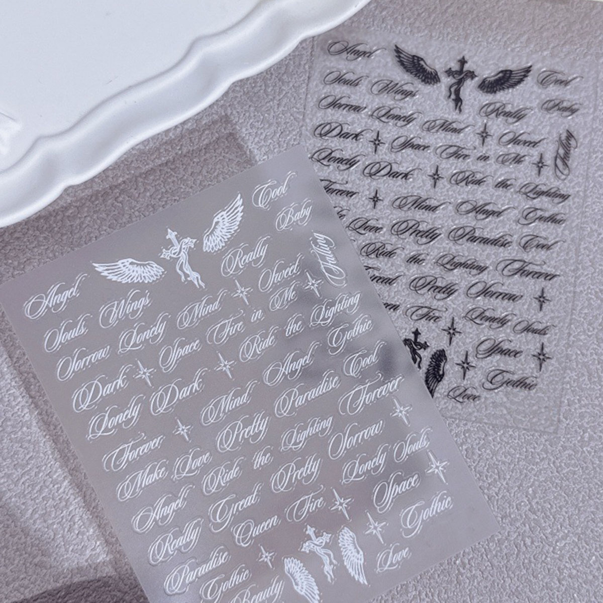 Zwart-witte letter- en engelenvleugel nagelstickers, gemengde designs, holografische Y2K nagel DIY decoratieve stickers