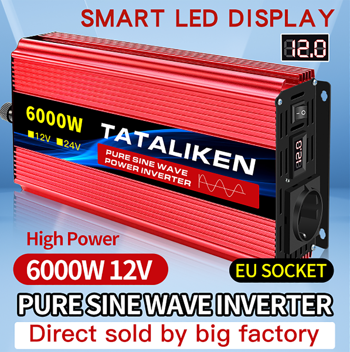 Inversor de corriente de onda sinusoidal pura, 12V a 220V, 50HZ, 2500W, 3500W, 4500W, 5000W, 6000W, convertidor de voltaje CC a CA, fuente de alimentación, enchufe europeo