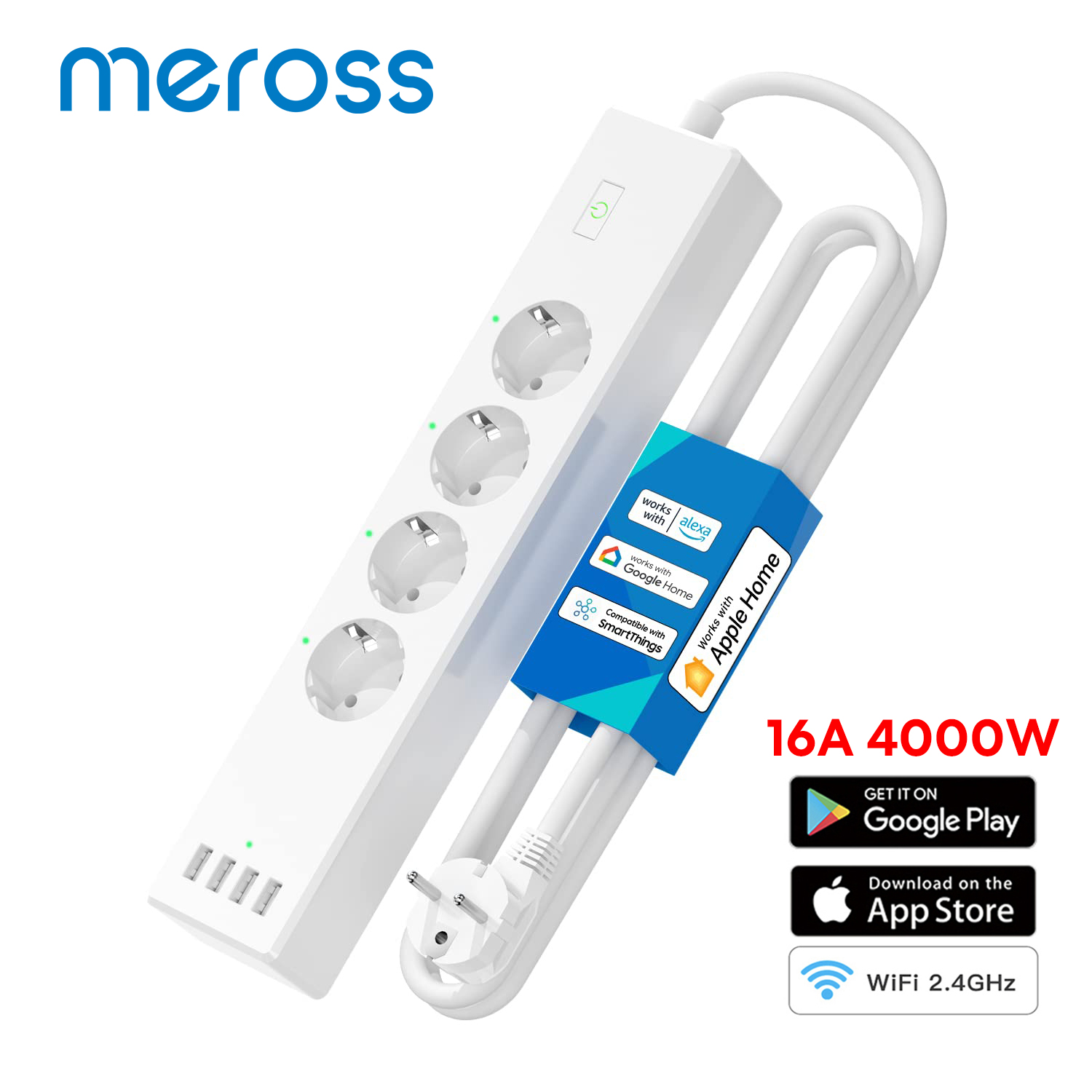 Meross-regleta de alimentación inteligente WiFi, Protector contra sobretensiones WLAN, extensión de enchufe UE/REINO UNIDO/EE. UU., soporte USB, HomeKit Alexa Google SmartThings