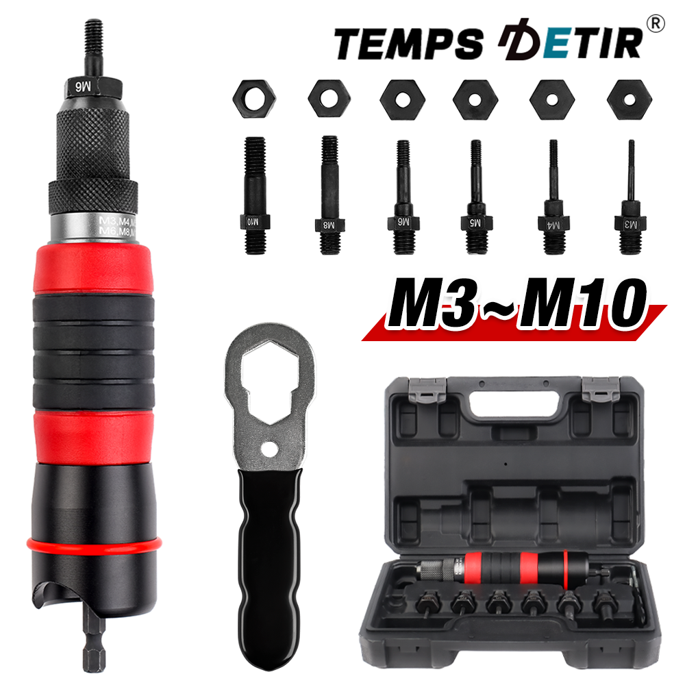 M3 M4 M5 M6 M8 M10 ホームリベットナットガンコンバータキット取り外し可能な DIY ナットインサートナットリベットツールコードレス電動リベットツールツールボックス付き