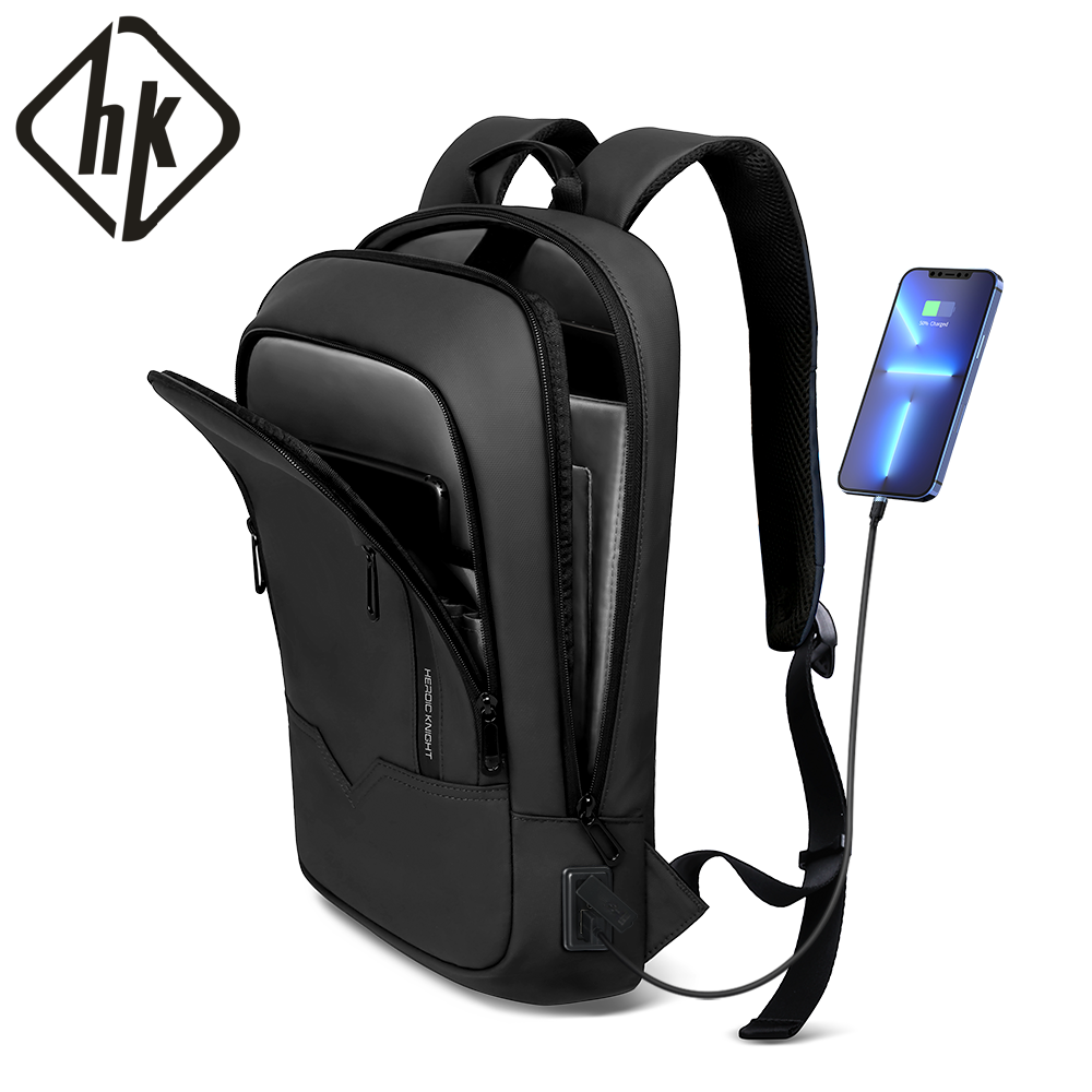 Mochila de negócios fina HK para homens Bolsa para laptop de 17,3 polegadas com porta USB Bolsa escolar leve Mochilas de viagem à prova d'água para trabalho