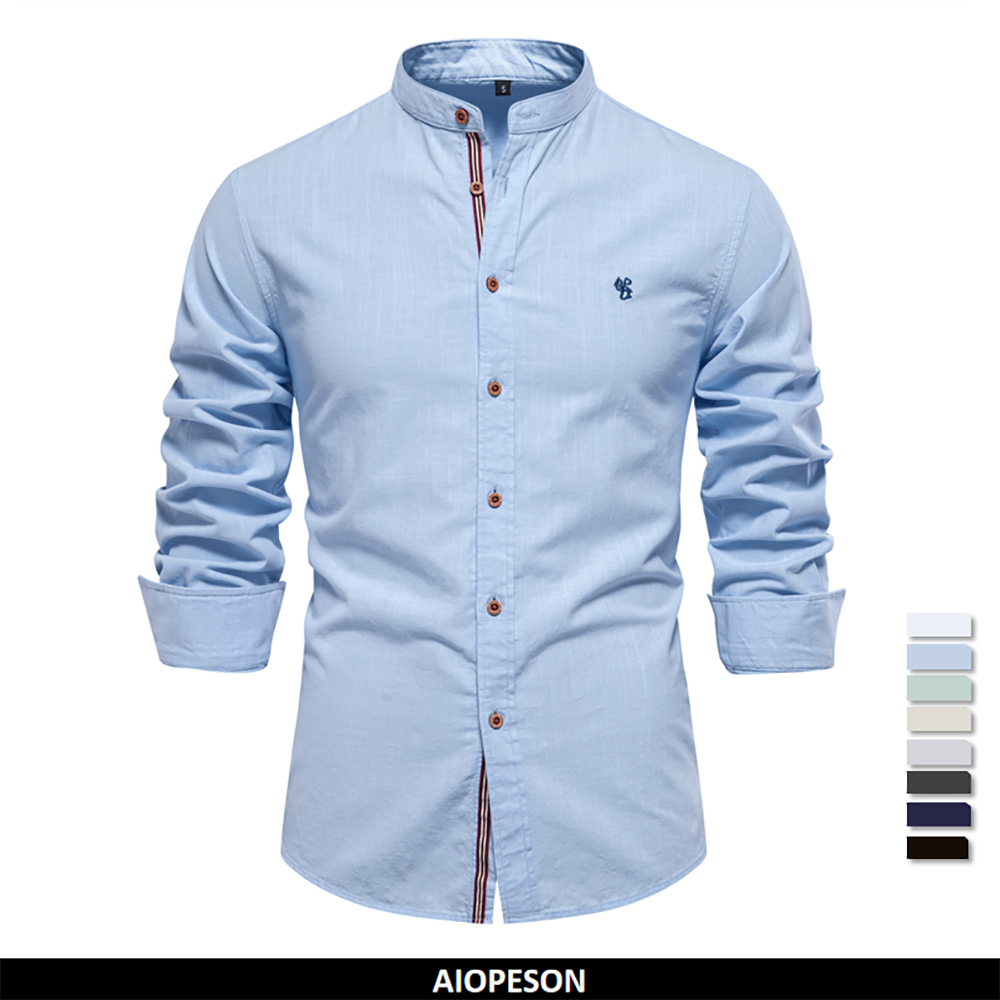 AIOPESON 100% Katoen Sociale Shirt Mannen Effen Kleur Lange Mouw Hoge Kwaliteit Merk Shirt voor Mannen Lente Stand Casual heren shirts