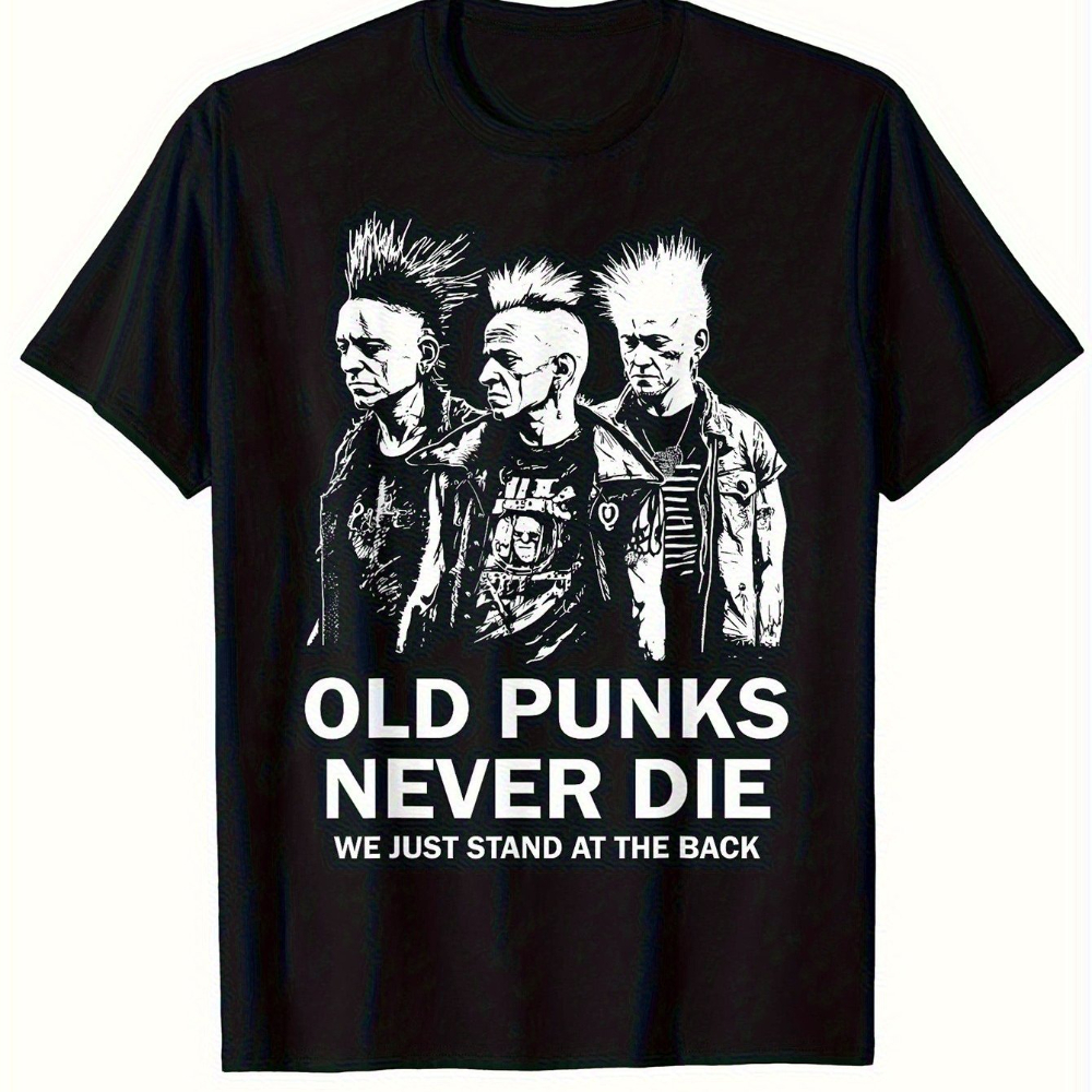 Kaos Grafis Pria Old Punks Never Die dengan Cetakan Punk Mohawk dan Rambut Berduri Desain Punks Berponi Leher Bulat Lembut Lengan Pendek