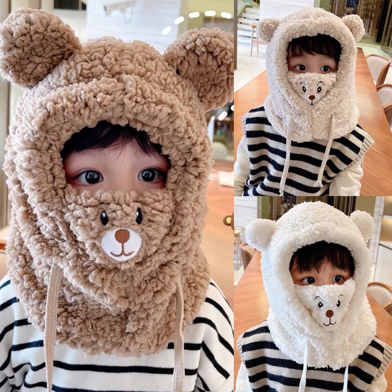 Chapéu de pelúcia outono inverno duplo velo calor pequeno urso chapéu bonito crianças dos desenhos animados cachecol capuz boné menino menina pai-filho chapéu do bebê