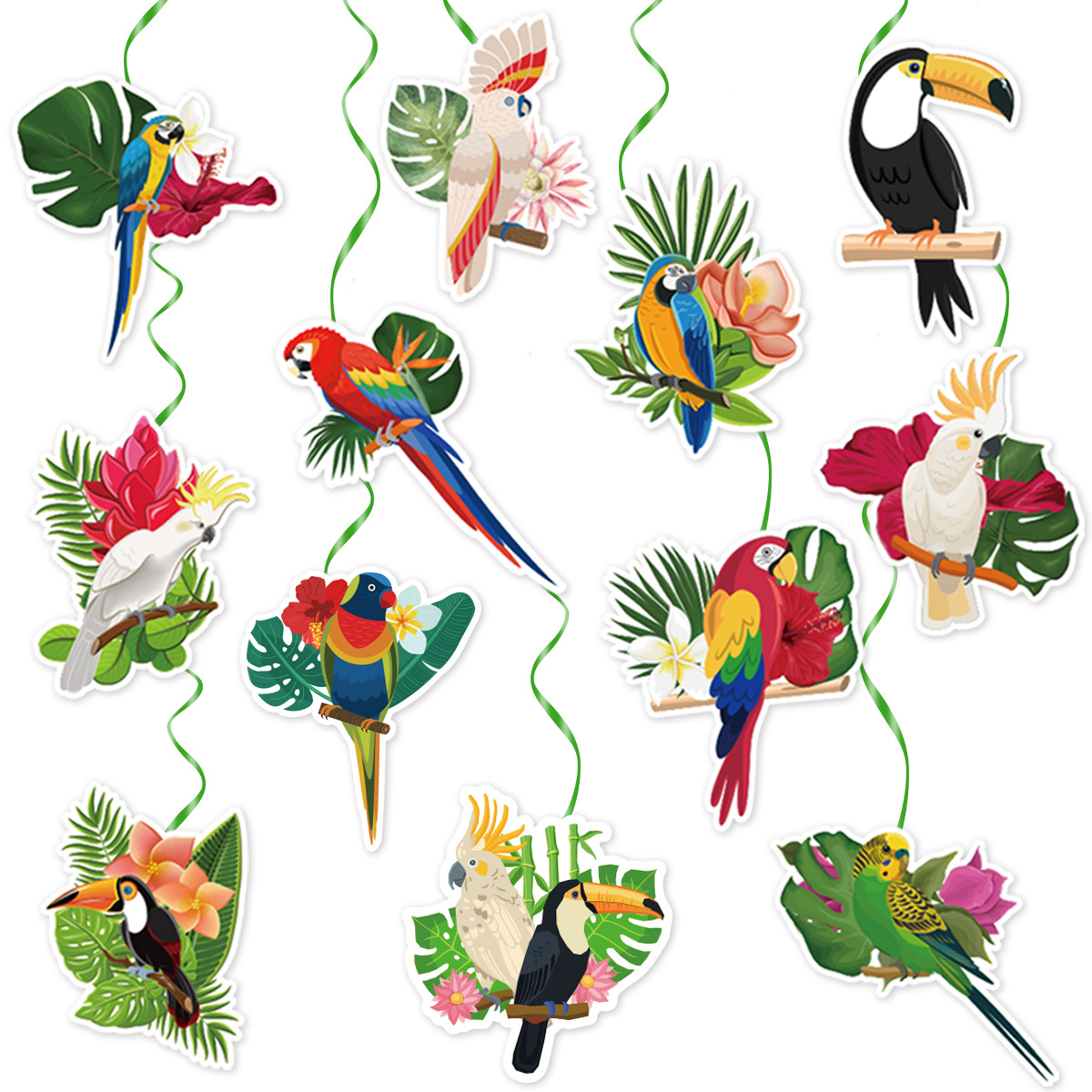 1Set Tropische Hawaii Thema Swirl Hangende Banner Toekan Vogel Honingraat Bal Hanger voor Zomer Aloha Verjaardag Bruiloft Decor