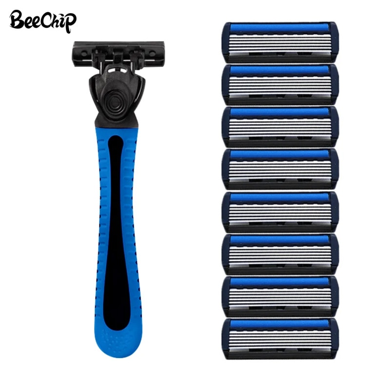 Portaherramientas de hoja de seis capas para afeitadora, 9 Uds., nueve cabezales de corte de repuesto, maquinilla de afeitar de acero inoxidable para hombres, cuchillas de estilo antiguo