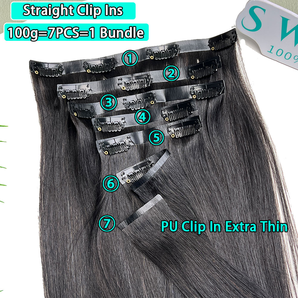 Бесшовные прямые зажимы из необработанных человеческих волос из искусственной кожи, наращивание волос из натуральных волос, зажим с двойным утком для женщин, 100 г, 7 шт./компл.