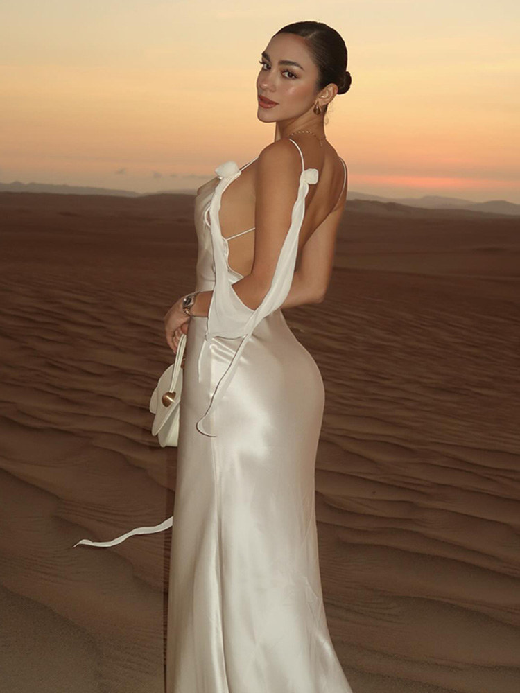 Elegantes 3D-Blumen-rückenfreies Kleid für Damen, figurbetont, Swing-Kragen, ärmellos, weiße Schlinge, Maxi-Robe, 2025, Sommer-Dame, Evevning, Vestidos