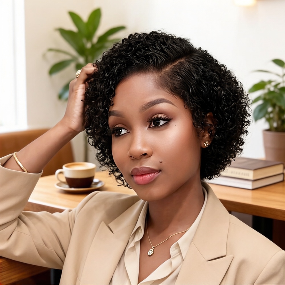 Perruque élégante en cheveux humains Remy, coupe pixie ondulée bouclée, avec dentelle frontale 13x4x1 pré-épilée pour femmes