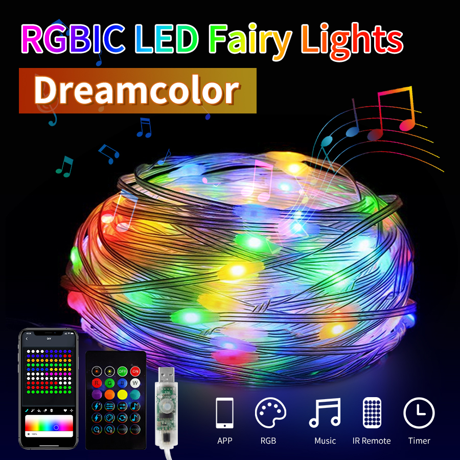 Умные Bluetooth светодиодные гирлянды WS2812B Dreamcolor RGBIC вечерние огни на Новый год свадебные украшения гирлянда USB 5 В
