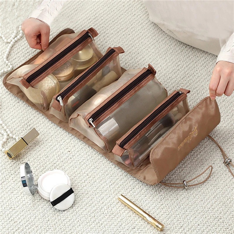 Bolsa de cosméticos desmontable, portátil, de gran capacidad, 4 en 1, bolsas de maquillaje, bolsa de aseo plegable portátil para almacenamiento de cosméticos de viaje