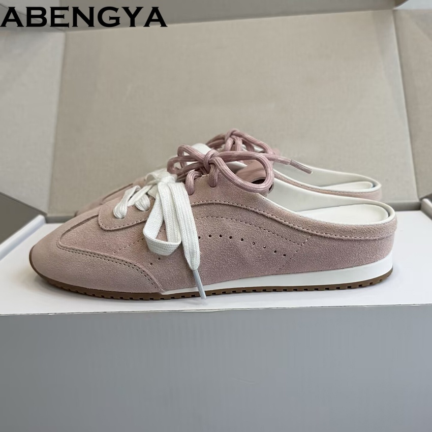 Summer half Flat Slippers Women Loafers Suede Leather Lace Up Casual Derby Shoes Slides Comfort Holiday Beach Slippers Woman