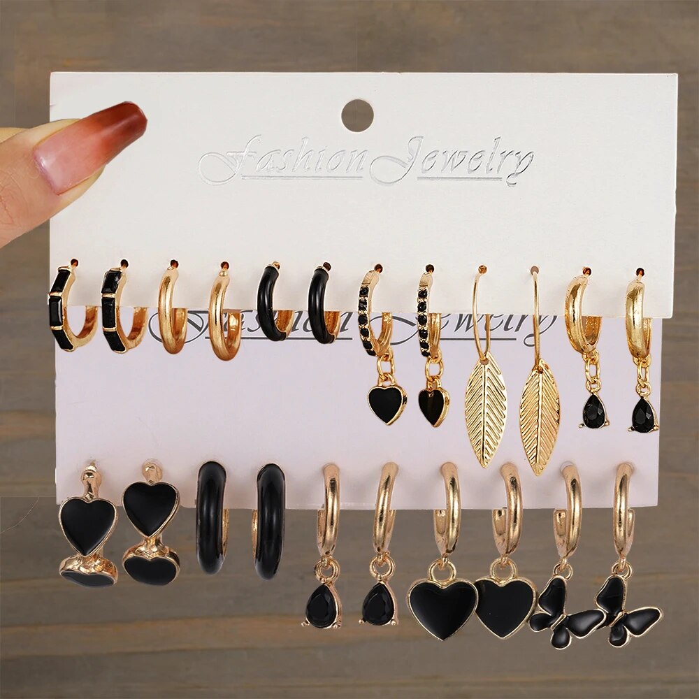 Boucles d'oreilles en cuir chevelu noir pour dames, boucles d'oreilles simples, vêtements de mariage de vacances, tempérament, 11 paires