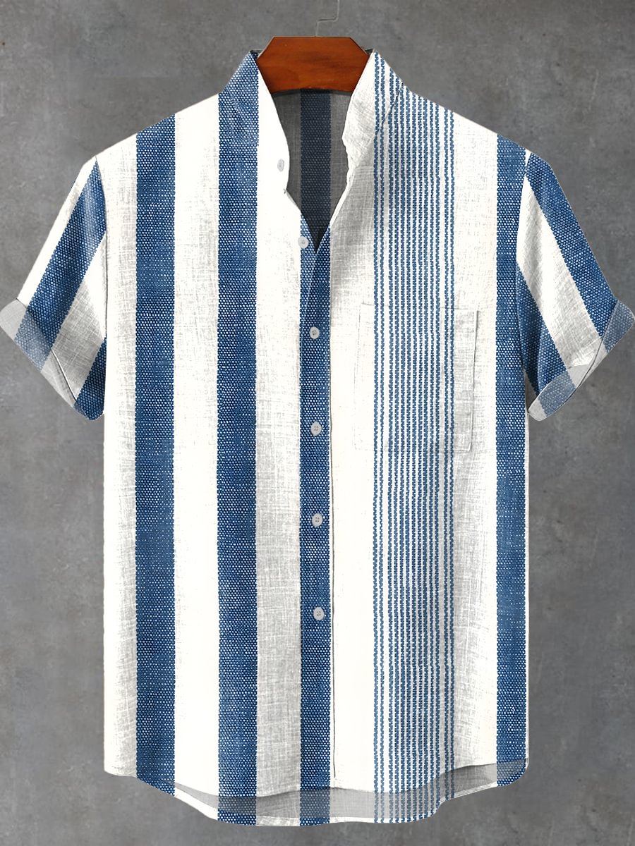2025 Men's New Striped Linen Short Sleeve Shirt for Summer Refreshing and Comfortable Fabric High Quality Button Top