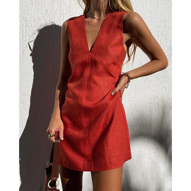 Bawełniane lniane sukienki damskie seksowny dekolt w serek bez rękawów podstawowa sukienka bez rękawów eleganckie eleganckie sukienki damskie letnia wyprzedaż Vestidos Para Mujer