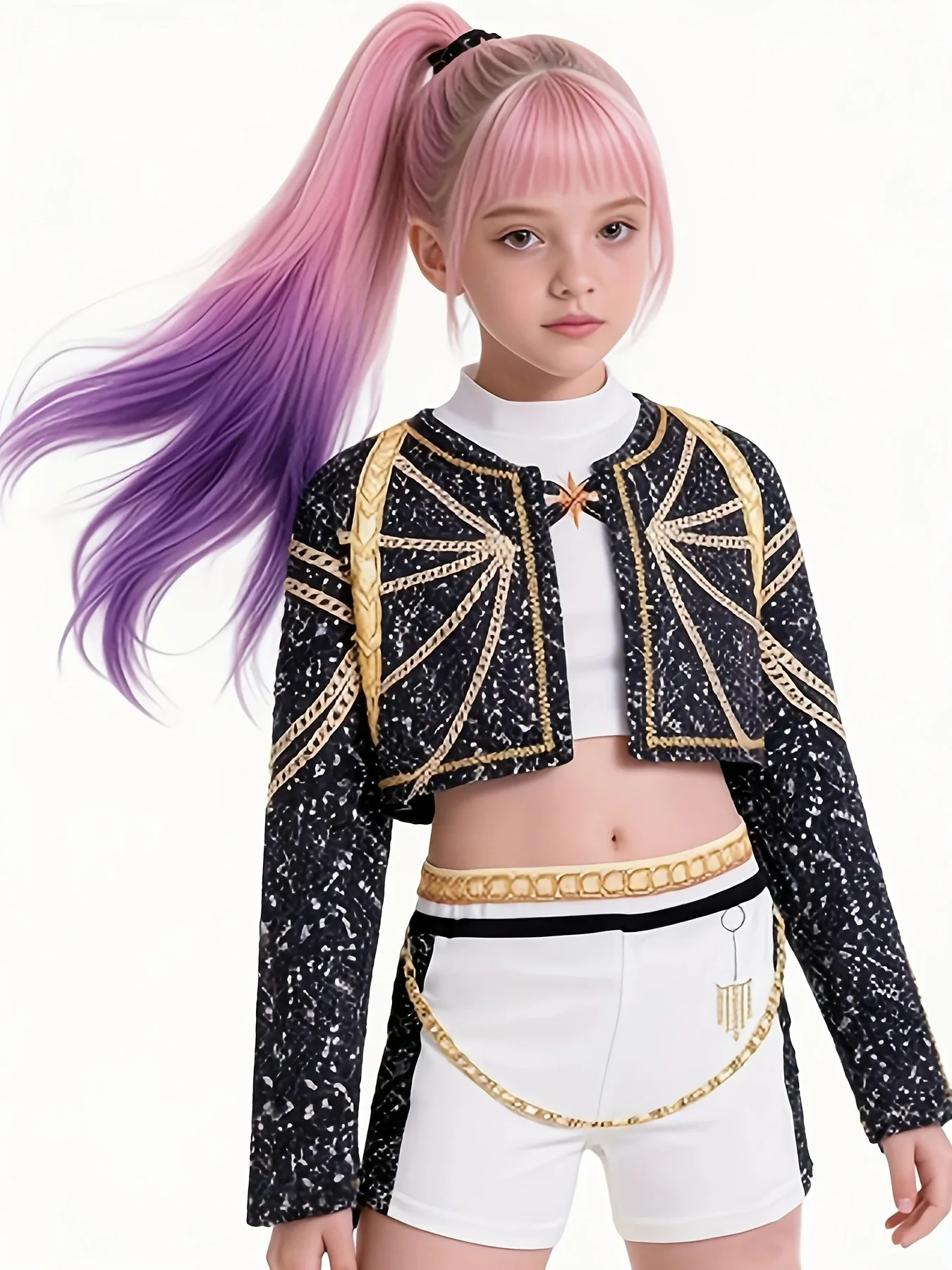 Conjunto de 3 piezas para niñas, chaqueta corta con ribete dorado negro + top corto blanco + pantalones cortos con detalle de cadena para espectáculos de baile