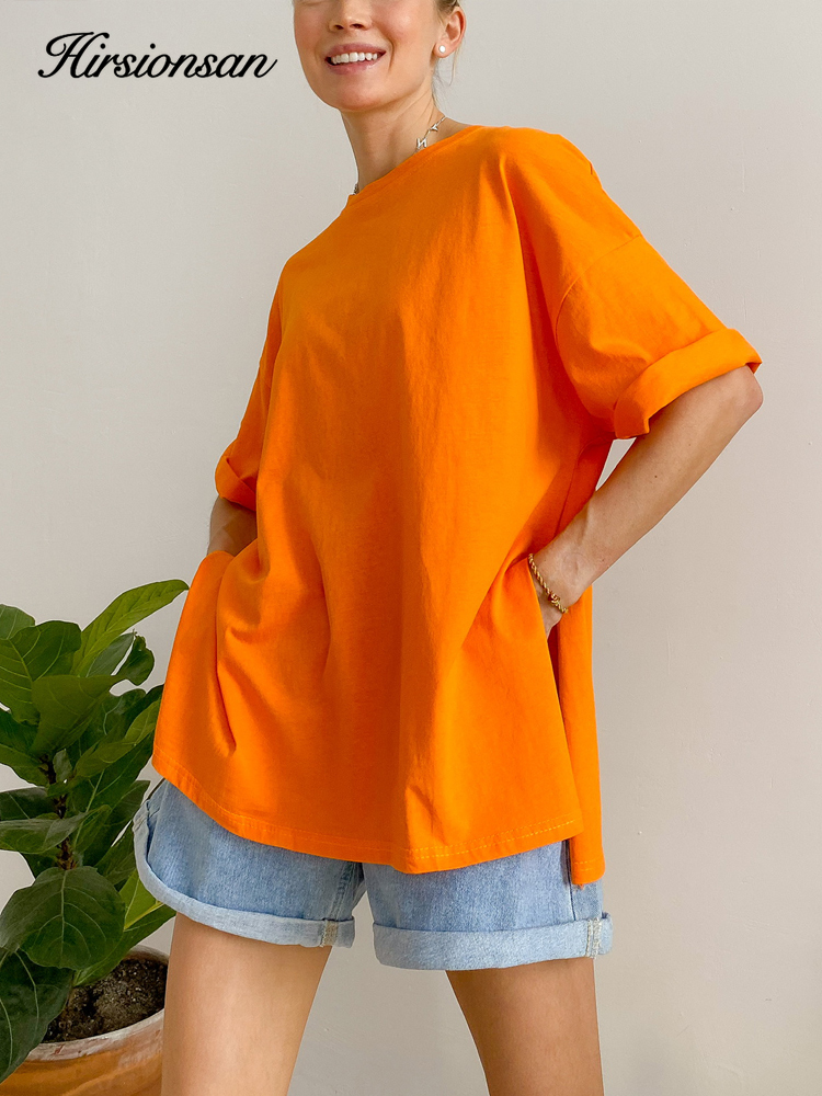 Hirsionsan Sommer Übergroßen Baumwolle T Shirt Frauen 2023 Neue Lose Feste Split Tees Casual Grundlegende T-shirt Kurzen Ärmeln Weibliche Tops