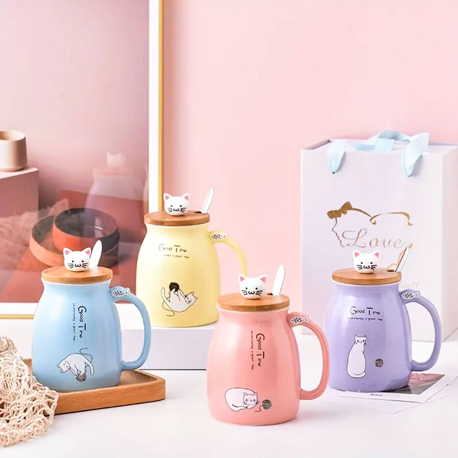 Kawaii Teetasse, süße Katze, Keramik-Kaffeetasse mit Kitty-Deckel und Löffel, japanischer Stil, Neuheitsgeschenke für Frauen, Katzenliebhaber-Geschenke, 16 Unzen