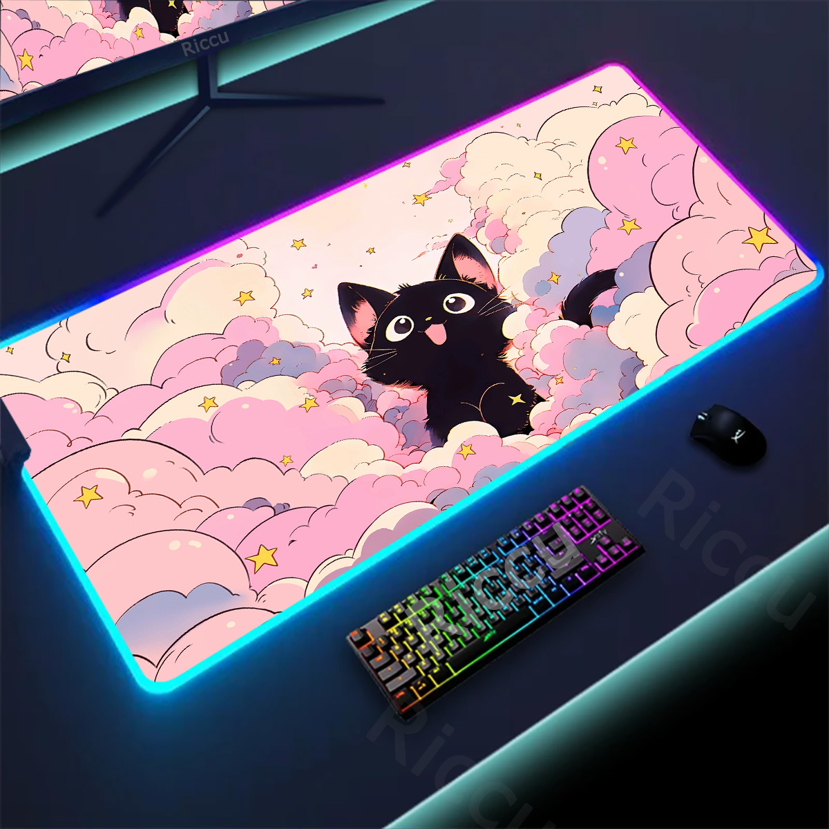 RGB Mousepad lampu latar LED, aksesori komputer alas Mouse Anime lucu Anime kucing awan merah muda
