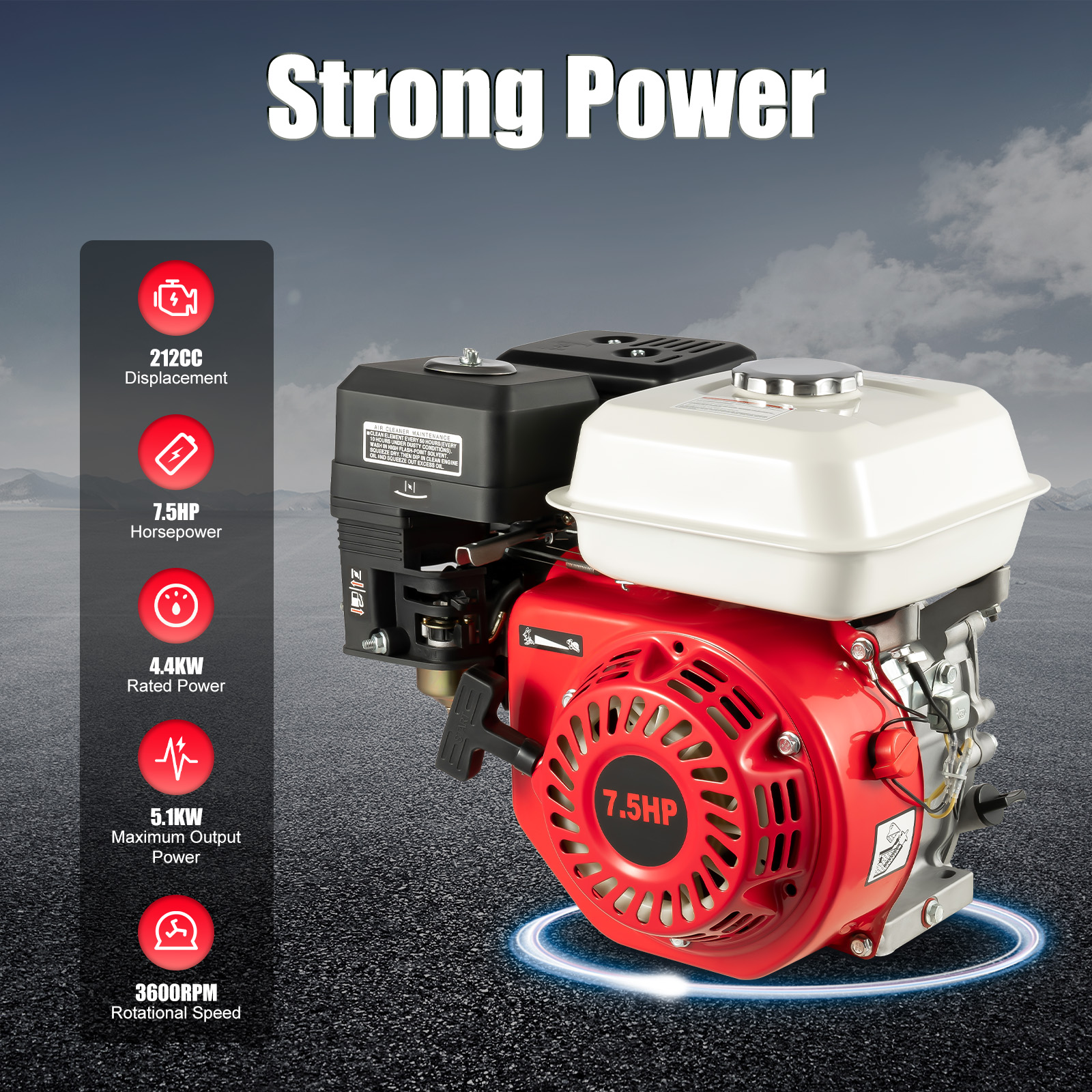 4 จังหวะ 212CC เครื่องยนต์แก๊ส 7.5HP 3600RPM การใช้เชื้อเพลิงต่ําเสียงรบกวนต่ําเครื่องยนต์เบนซิน 0.95 แกลลอนการใช้ถังสําหรับ Go-Kart
