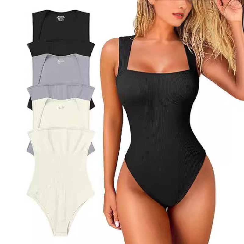 Bodysuit Wanita Kerah Kotak Bergaris Tanpa Lengan, Tank Top Seamless Bodycon Shapewear, Pakaian Kasual Streetwear Y2k, Terlaris