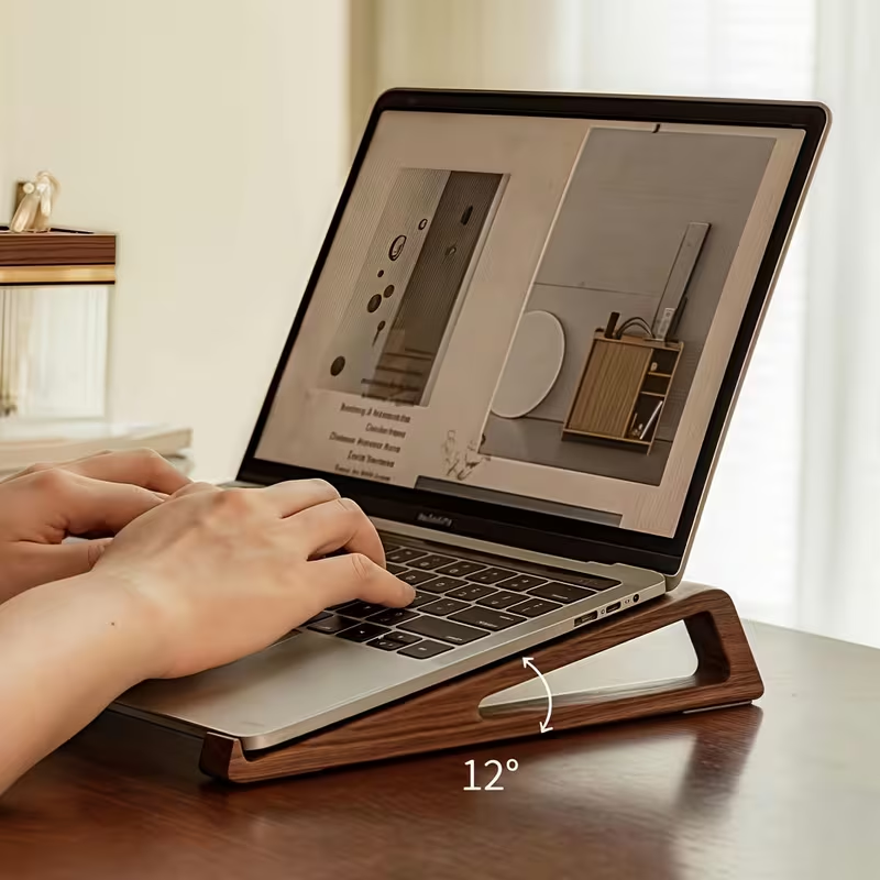 Draagbare opvouwbare houten laptopstandaard - Ergonomisch 12 °   Verstelbare hoek, compacte bamboe desktopverhoger voor tablets en notebooks