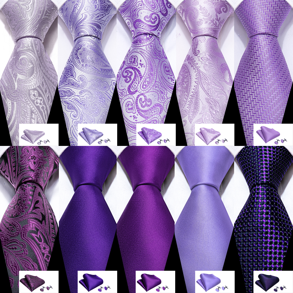 Cadeau masculin soie hommes cravate ensemble violet Violet solide Paisley rayé mariage affaires cravate pour homme cravate Handky boutons de manchette Barry.Wang