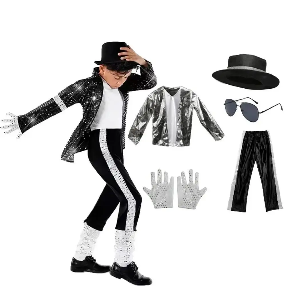 Disfraz de Michael Jackson Billie Jean para niños, traje negro para baile, discoteca, disfraz de Halloween, disfraz de rey Pop de los años 80 para pantalones superiores