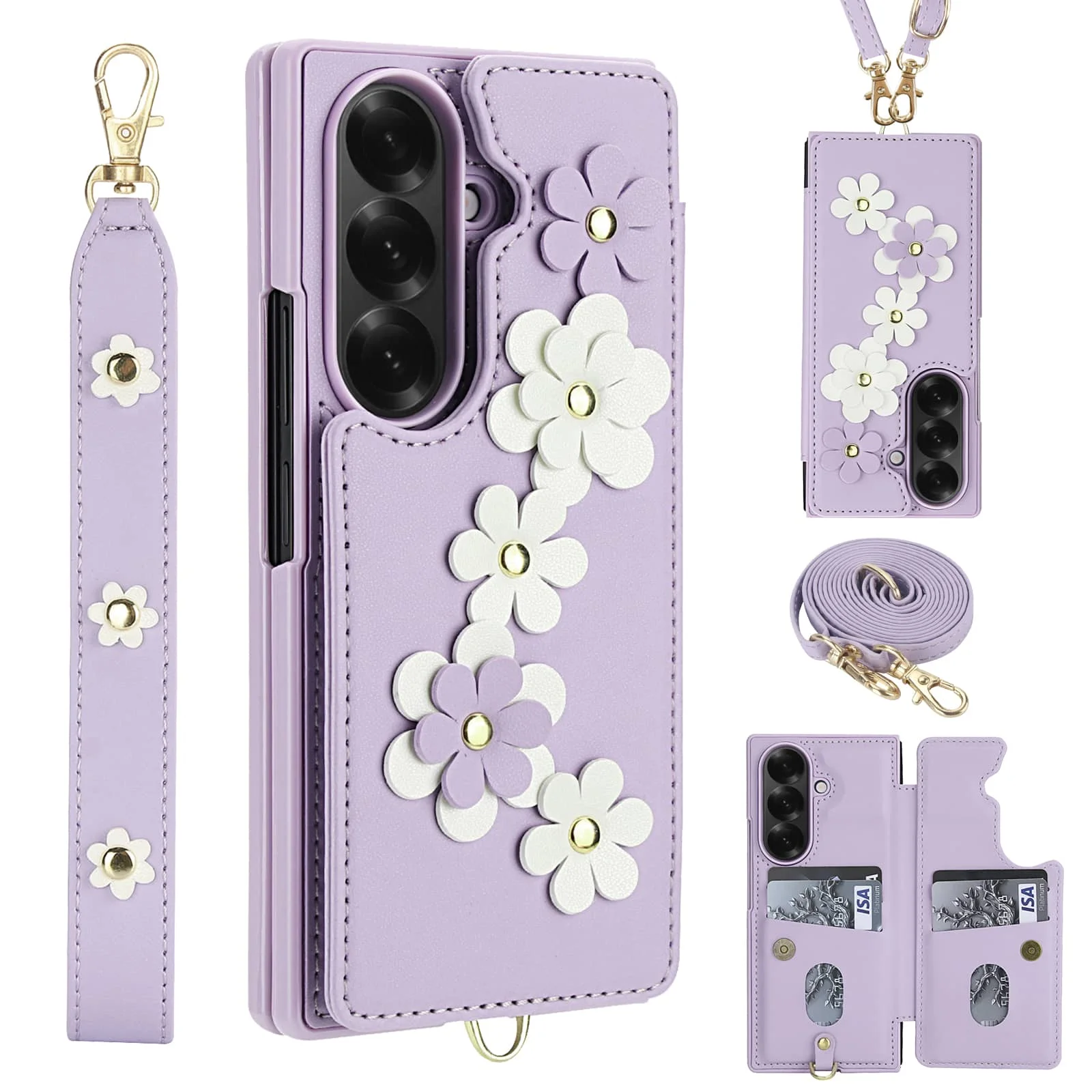 For Samsung Galaxy Z Fold 7 6 5 4 Case, Wallet with Card Holder,Cute Flower Design Crossbody Purse,Magnetic Kickstand Shockproof