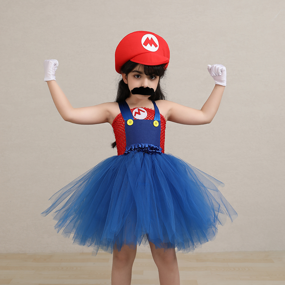 Super Bros Costume for Girls Halloween Party Dresses Kids Anime Cartoon Cosplay Clothes Children Fancy Tutu Dress with Hat Beard