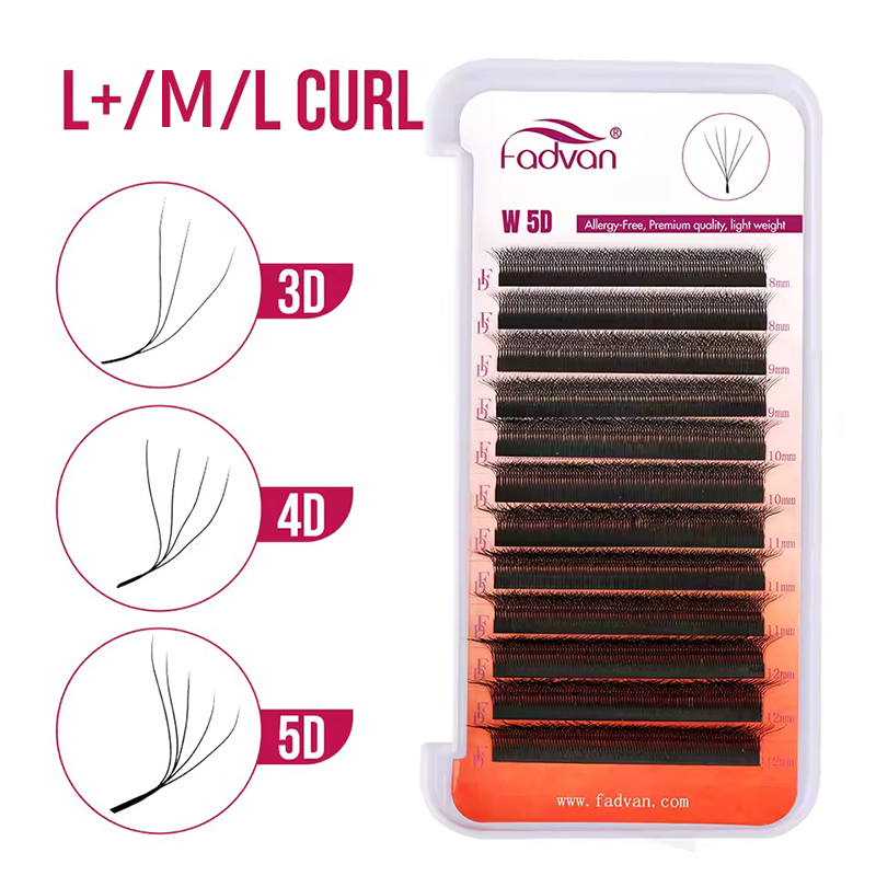 FADVAN LU/L+/L Curl 3D/4D/5D W Lashes Fox Eyes 0.07 W Shape Eyelash Extensions 8-15mm Natural Soft Professional Lash 12 rzędów