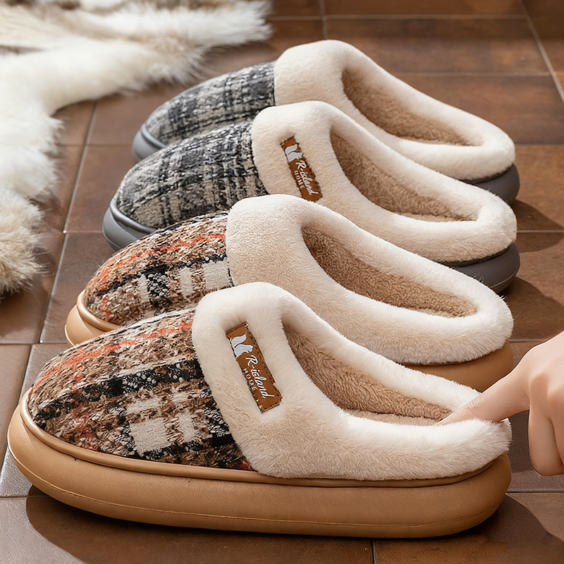 Dames Winter Warm Bont Slippers Streep Huis Antislip Schoenen Comfort Platte Hak Thuis Binnen Slaapkamer Casual Pluche Heren Slippers