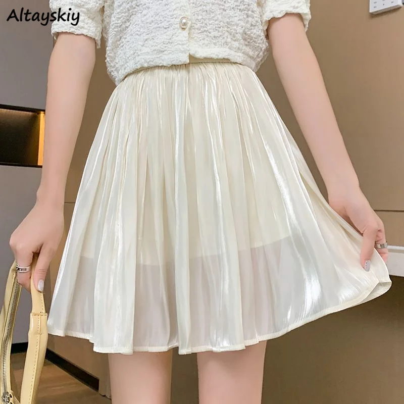 Satin Skirts Women Folds Korean Style A-line Gentle High Waist Fashion Summer Casual Office Lady Solid All-match Popular Chic