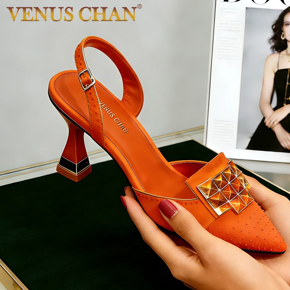 Элегантные оранжевые туфли на высоком каблуке с острым носком и стразами Venus Chan 2026 – Шикарная женская обувь в итальянском стиле для вечеринок